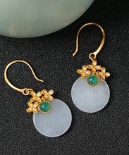 Load image into Gallery viewer, Art White Sterling Silver Overgild Inlaid Jade Floral Drop Earrings