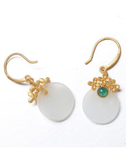 Load image into Gallery viewer, Art White Sterling Silver Overgild Inlaid Jade Floral Drop Earrings