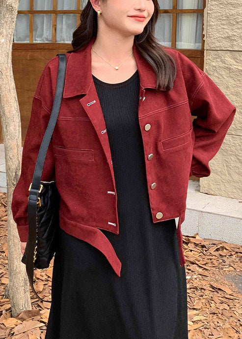 Art Wine Red Peter Pan Collar Button Patchwork Cotton Coat Fall