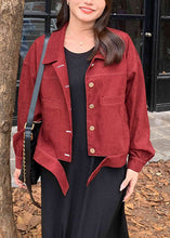 Load image into Gallery viewer, Art Wine Red Peter Pan Collar Button Patchwork Cotton Coat Fall