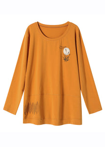 Art Yellow O-Neck Embroideried Tops Long Sleeve