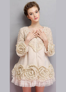 Beautiful Beige O-Neck Tulle Patchwork Applique Mink Velvet Coats Spring