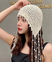 Load image into Gallery viewer, Beautiful Beige Pearl Tassel Hollow Out Knit Bonnie Hat