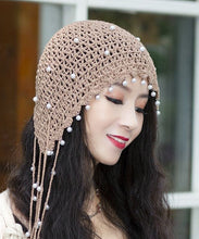 Load image into Gallery viewer, Beautiful Beige Pearl Tassel Hollow Out Knit Bonnie Hat