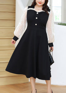 Beautiful Black Dot Ruffled Patchwork Cotton Long Dresses Long Sleeve