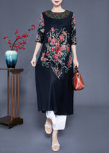 Load image into Gallery viewer, Beautiful Black O-Neck Print Silk Holiday Dress Half Sleeve