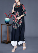 Load image into Gallery viewer, Beautiful Black O-Neck Print Silk Holiday Dress Half Sleeve