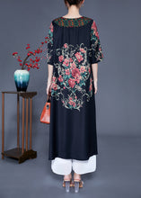 Load image into Gallery viewer, Beautiful Black O-Neck Print Silk Holiday Dress Half Sleeve