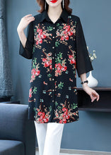 Load image into Gallery viewer, Beautiful Black Peter Pan Collar Print Patchwork Chiffon Shirts Bracelet Sleeve