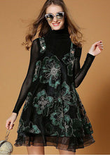 Load image into Gallery viewer, Beautiful Black Turtle Neck Embroideried Organza Two-Piece Set Spring