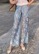 Load image into Gallery viewer, Beautiful Blue Lace Patchwork High Waist Wide Leg Jeans Summer