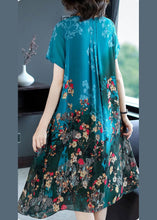 Load image into Gallery viewer, Beautiful Blue O-Neck Pockets Print Chiffon A Line Dress Short Sleeve