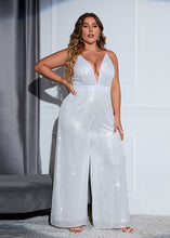 Load image into Gallery viewer, Beautiful Champagne V Neck Patchwork High Waist Wide Leg Pants Jumpsuit Summer