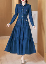 Load image into Gallery viewer, Beautiful Denim Blue Peter Pan Collar Patchwork Wrinkled Tunic Button Cotton Maxi Dresses Long Sleeve