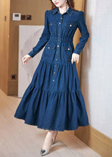 Load image into Gallery viewer, Beautiful Denim Blue Peter Pan Collar Patchwork Wrinkled Tunic Button Cotton Maxi Dresses Long Sleeve