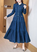 Load image into Gallery viewer, Beautiful Denim Blue Peter Pan Collar Patchwork Wrinkled Tunic Button Cotton Maxi Dresses Long Sleeve