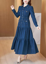 Load image into Gallery viewer, Beautiful Denim Blue Peter Pan Collar Patchwork Wrinkled Tunic Button Cotton Maxi Dresses Long Sleeve