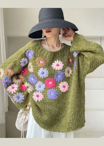 Beautiful Green Embroideried Floral Knit sweaters Winter