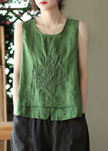 Load image into Gallery viewer, Beautiful Green O-Neck Embroideried Patchwork Side Open Linen Vest Summer