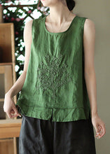 Load image into Gallery viewer, Beautiful Green O-Neck Embroideried Patchwork Side Open Linen Vest Summer