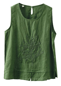 Beautiful Green O-Neck Embroideried Patchwork Side Open Linen Vest Summer