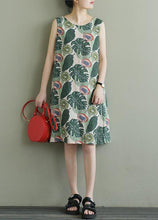 Load image into Gallery viewer, Beautiful Green O-Neck Print Bow Cotton A Line Dress Sleeveless