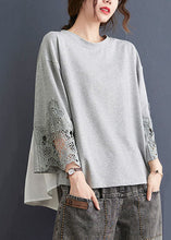 Load image into Gallery viewer, Beautiful Grey O Neck Hollow Out Embroideried Patchwork Cotton T Shirt Top Summer