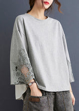 Load image into Gallery viewer, Beautiful Grey O Neck Hollow Out Embroideried Patchwork Cotton T Shirt Top Summer