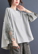 Load image into Gallery viewer, Beautiful Grey O Neck Hollow Out Embroideried Patchwork Cotton T Shirt Top Summer