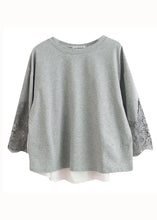 Load image into Gallery viewer, Beautiful Grey O Neck Hollow Out Embroideried Patchwork Cotton T Shirt Top Summer