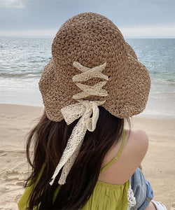 Beautiful Khaki Cross Strap Hollow Out Straw Woven Bucket Hat