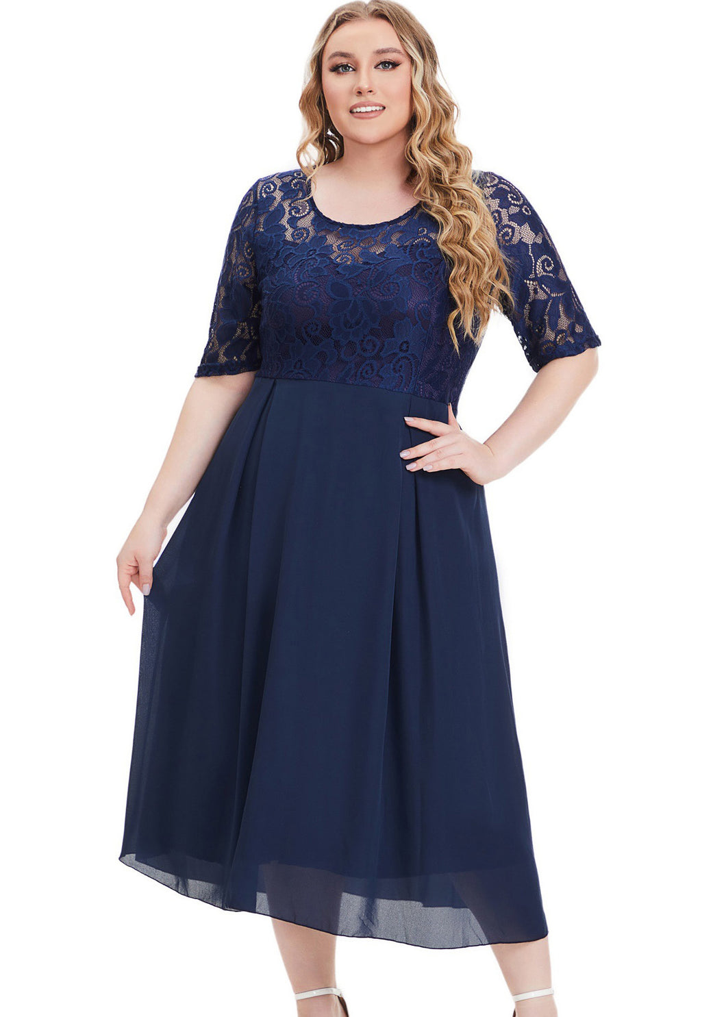 Beautiful Navy Blue Lace Patchwork Chiffon Maxi Dresses Summer