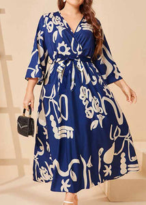 Beautiful Navy Blue V Neck Print Tie Waist Silk Long Dress Long Sleeve