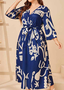 Beautiful Navy Blue V Neck Print Tie Waist Silk Long Dress Long Sleeve