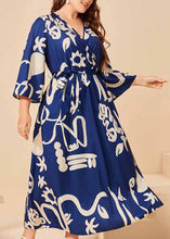 Load image into Gallery viewer, Beautiful Navy Blue V Neck Print Tie Waist Silk Long Dress Long Sleeve