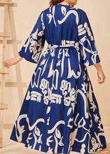 Load image into Gallery viewer, Beautiful Navy Blue V Neck Print Tie Waist Silk Long Dress Long Sleeve