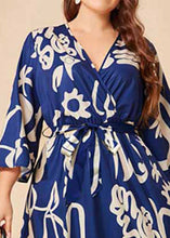 Load image into Gallery viewer, Beautiful Navy Blue V Neck Print Tie Waist Silk Long Dress Long Sleeve