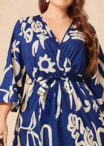 Beautiful Navy Blue V Neck Print Tie Waist Silk Long Dress Long Sleeve