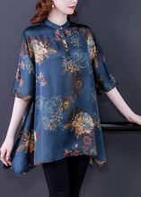 Load image into Gallery viewer, Beautiful Navy Stand Collar Print Silk Tops Half Sleeve