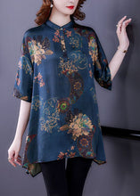 Load image into Gallery viewer, Beautiful Navy Stand Collar Print Silk Tops Half Sleeve