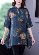 Load image into Gallery viewer, Beautiful Navy Stand Collar Print Silk Tops Half Sleeve