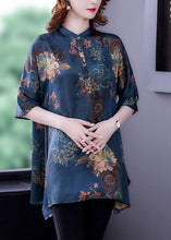 Load image into Gallery viewer, Beautiful Navy Stand Collar Print Silk Tops Half Sleeve