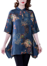 Load image into Gallery viewer, Beautiful Navy Stand Collar Print Silk Tops Half Sleeve