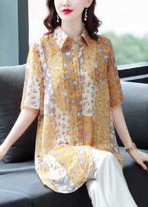 Beautiful Orange Peter Pan Collar Print Button Chiffon Blouse Top Half Sleeve