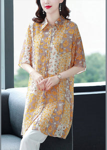 Beautiful Orange Peter Pan Collar Print Button Chiffon Blouse Top Half Sleeve