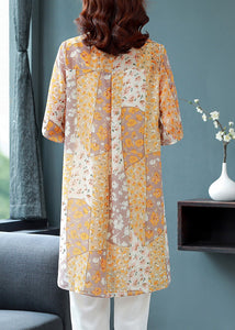 Beautiful Orange Peter Pan Collar Print Button Chiffon Blouse Top Half Sleeve