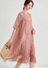 Load image into Gallery viewer, Beautiful Pink Embroideried Patchwork Chiffon Dress Half Sleeve