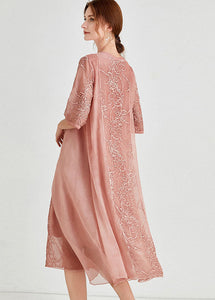Beautiful Pink Embroideried Patchwork Chiffon Dress Half Sleeve
