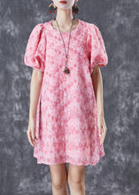 Load image into Gallery viewer, Beautiful Pink Floral Silk Mid Dresses Puff Sleeve