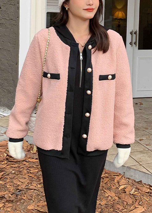 Beautiful Pink O Neck Button Patchwork Teddy Faux Fur Coat Fall